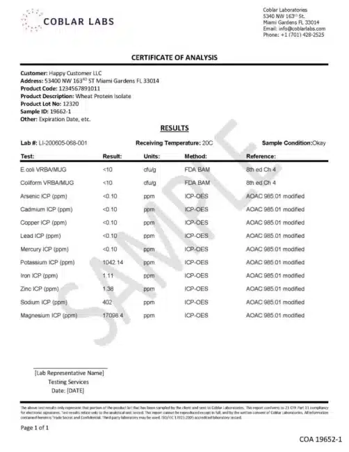 Contoh Certificate of Analysis Keamanan Kandungan dalam Produk Whey