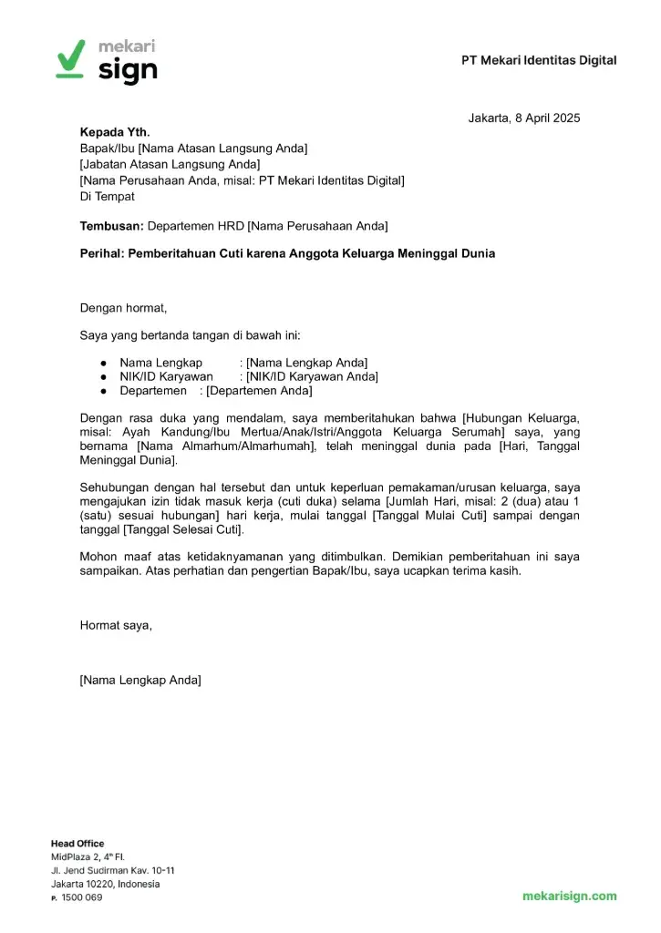 Contoh Surat Cuti Penting Keluarga Meninggal