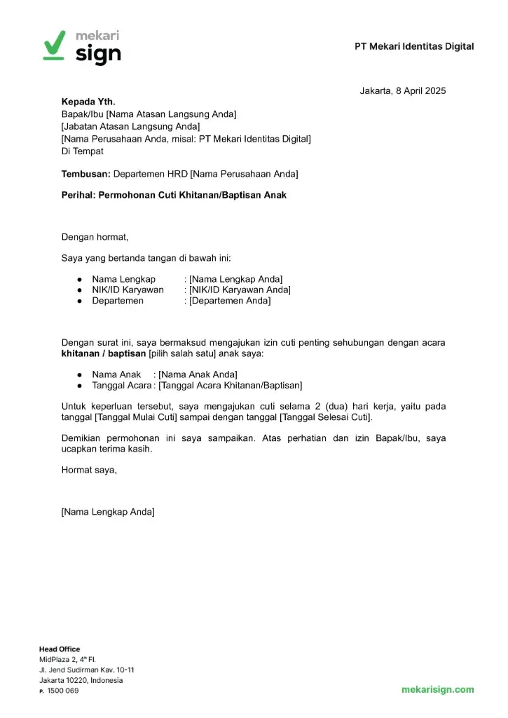 Contoh Surat Cuti Penting Khitanan_Baptisan Anak