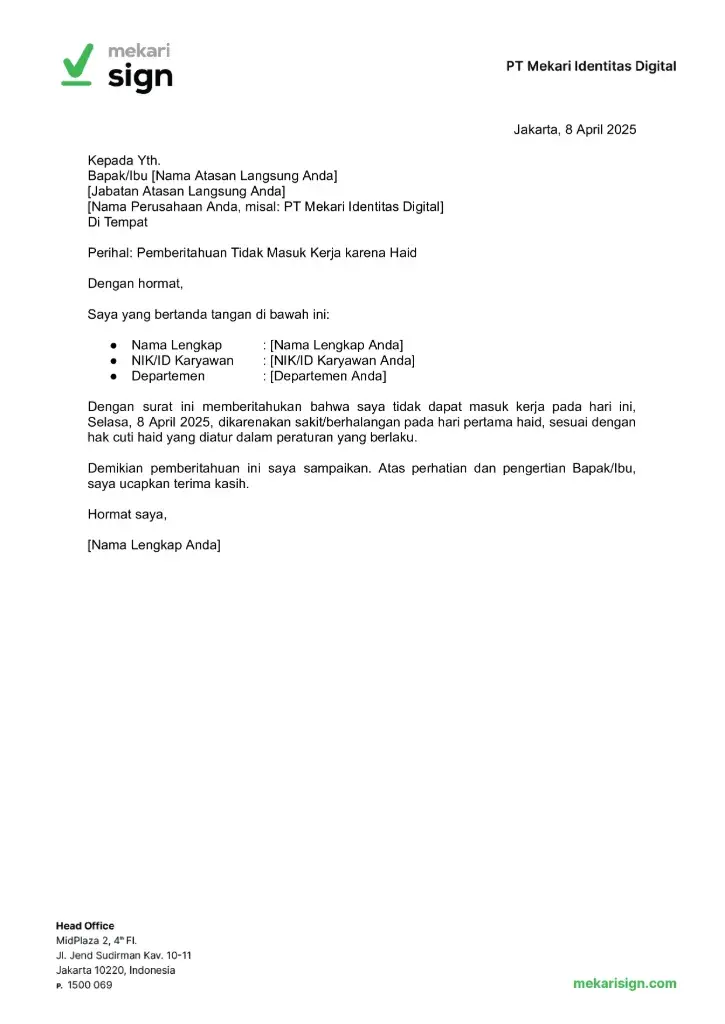 Contoh Surat Izin Cuti Haid