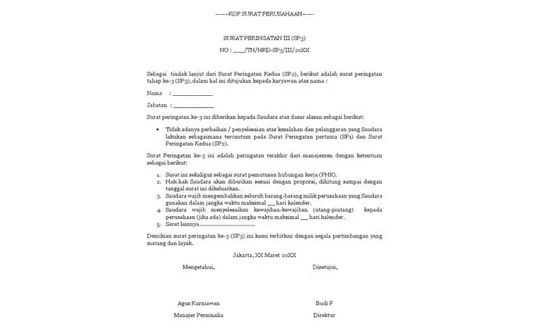 Contoh Surat Peringatan Sekaligus PHK