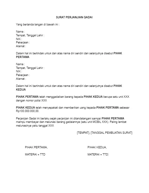 Contoh Surat Perjanjian Gadai Mobil Bermaterai