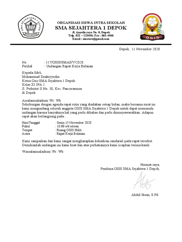 Contoh Surat Resmi Undangan Rapat OSIS