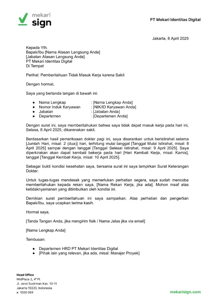 Contoh Surat Sakit (Sick Leave)