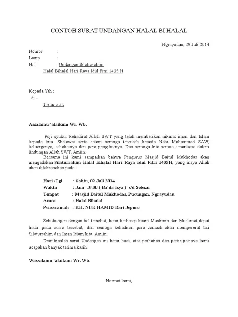 Contoh Surat Undangan Halal Bihalal Resmi