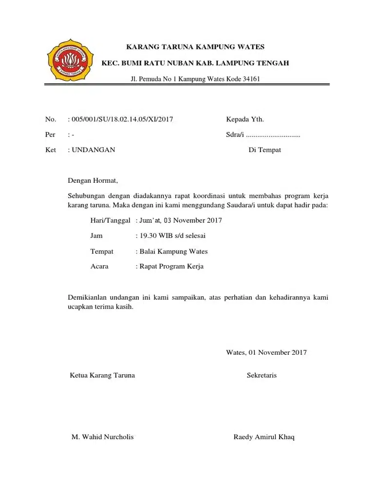 Contoh Surat Undangan Resmi Karang Taruna