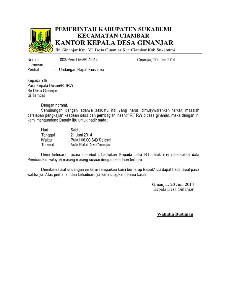 Contoh Surat Undangan Resmi Pemerintah Desa