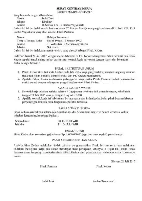 contoh kontrak kerja