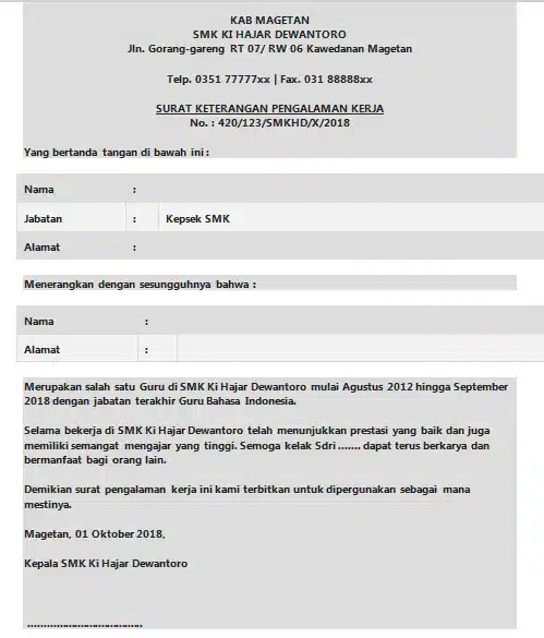 Contoh Surat Keterangan Pengalaman Kerja Guru