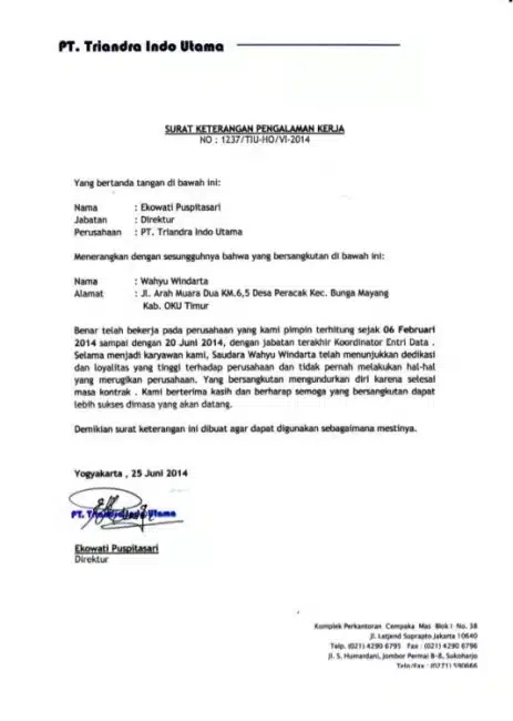 Contoh Surat Pengalaman Kerja Koordinator