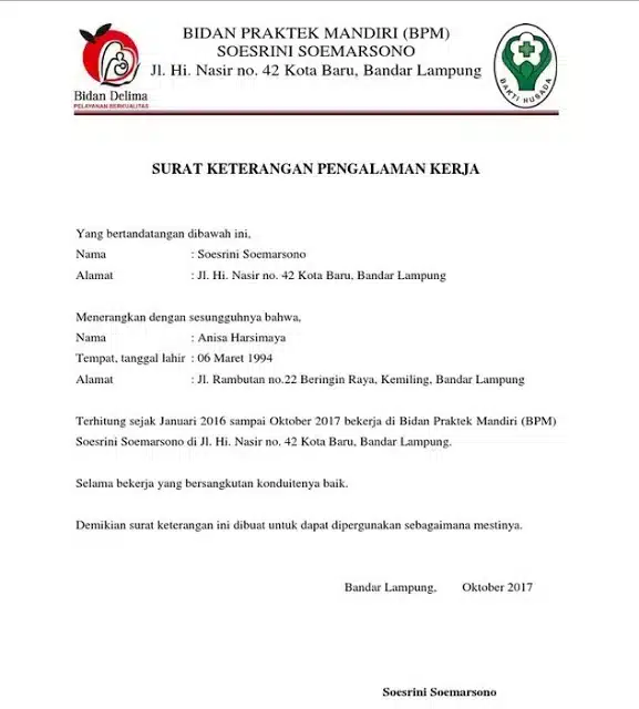 Contoh Surat Pengalaman Kerja Tenaga Kesehatan