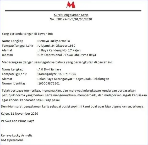 Contoh Surat Pengalaman Kerja dengan Job Description