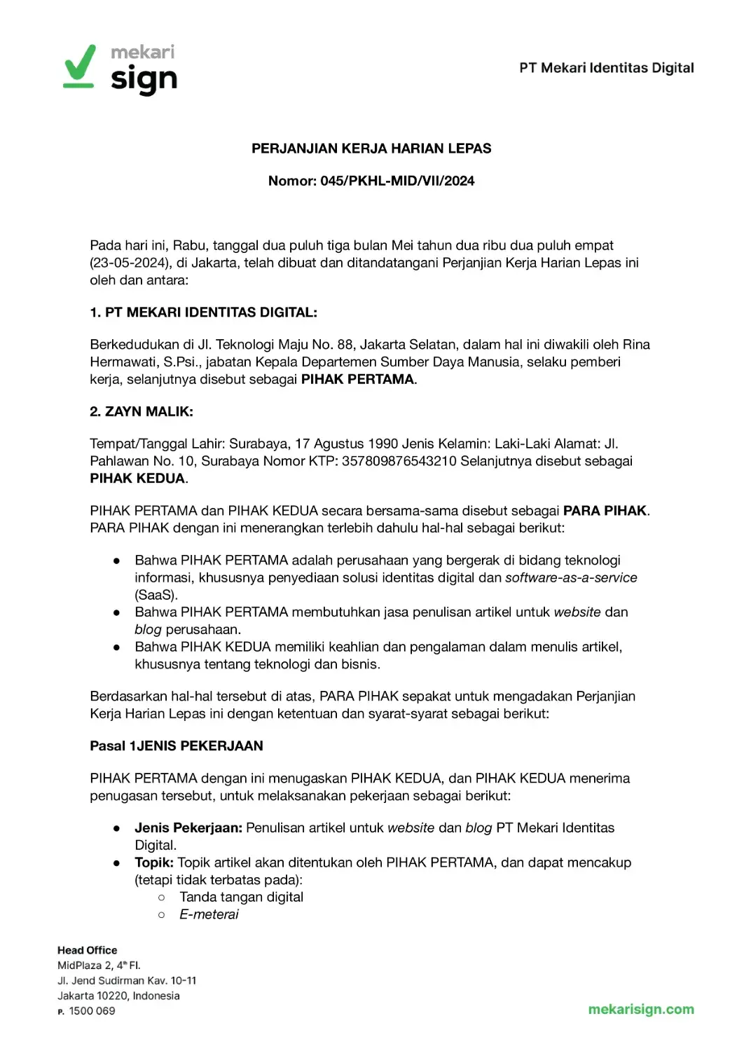 Detail Contoh Kontrak Kerja Karyawan Freelance