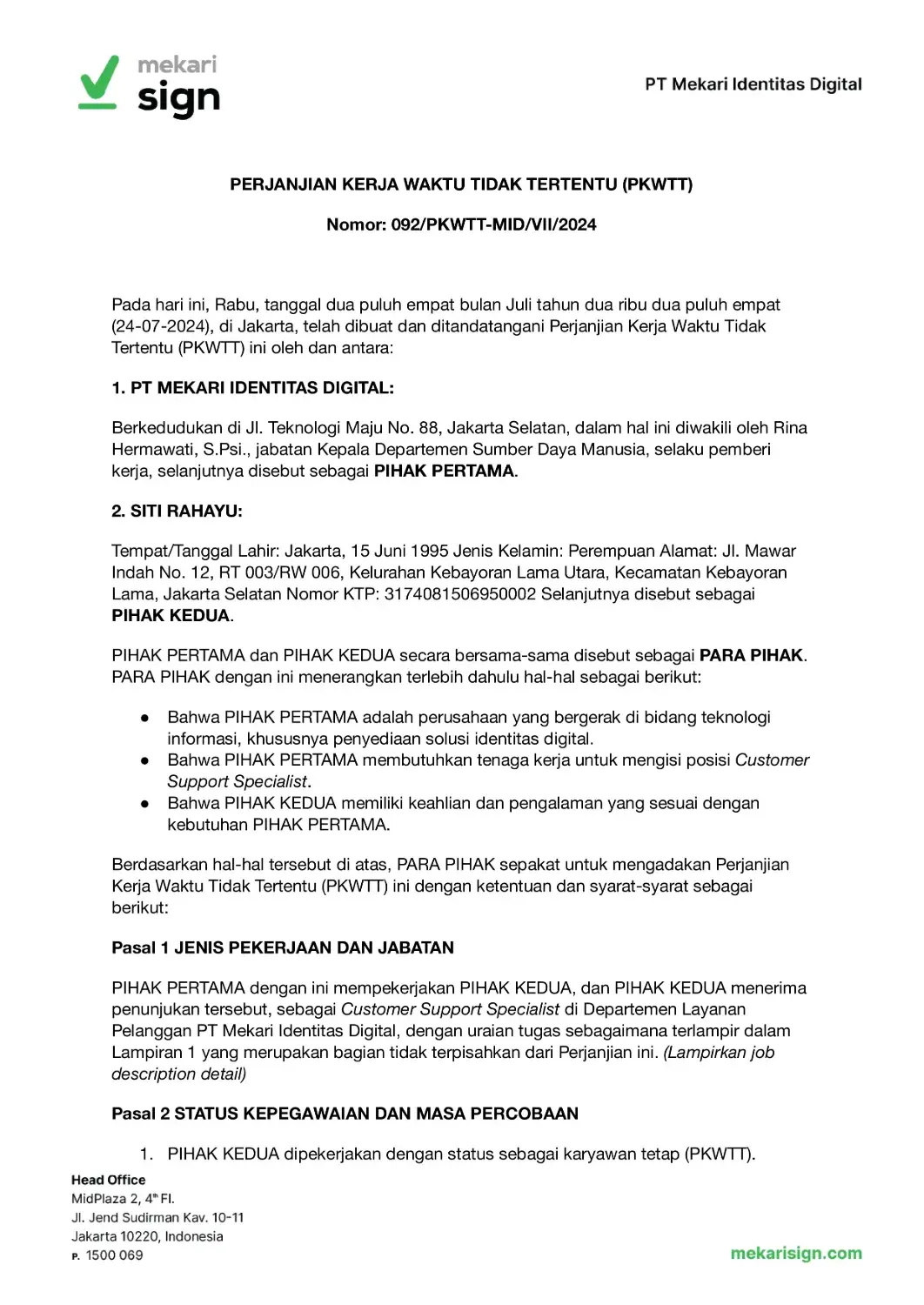 Detail Contoh Kontrak Kerja Karyawan PKWTT