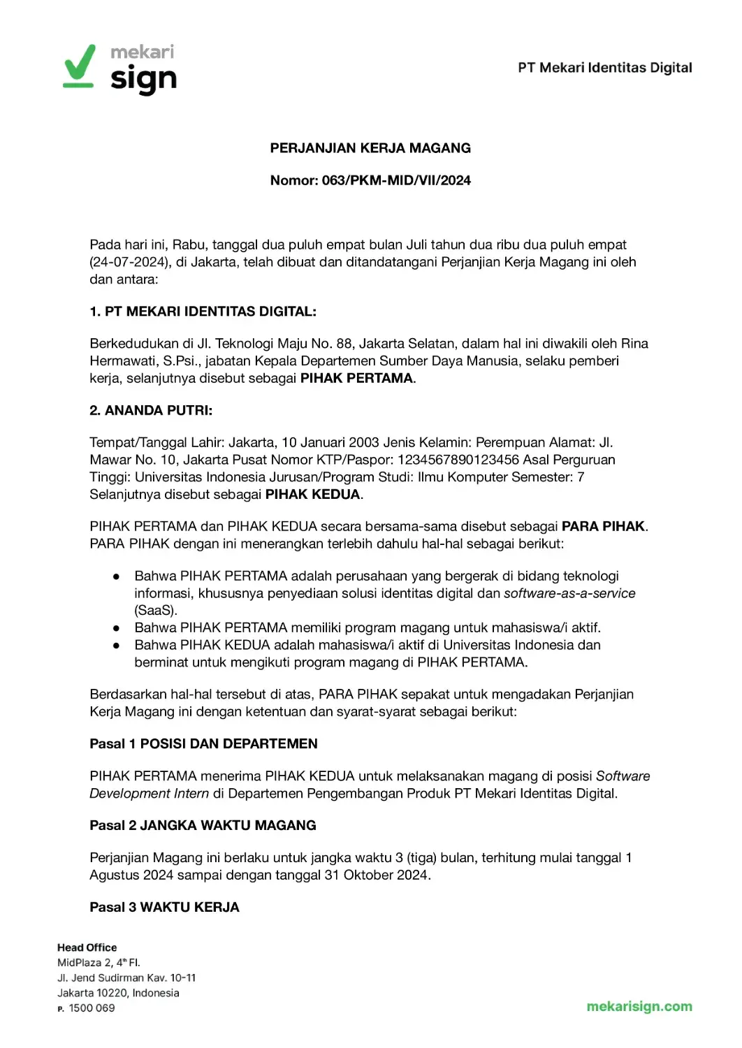 Detail Contoh Kontrak Kerja Karyawan magang