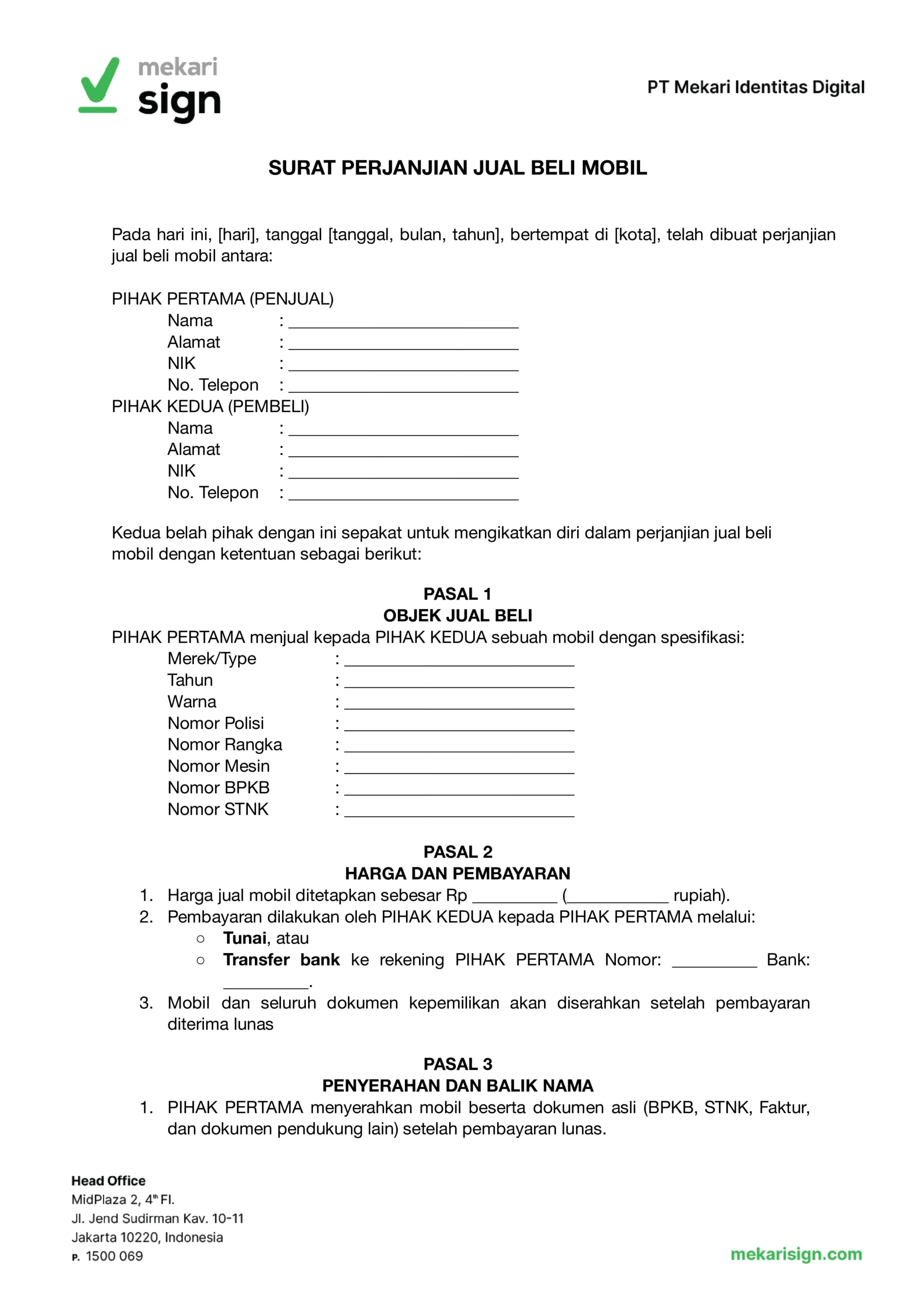 contoh surat perjanjian untuk jual beli mobil
