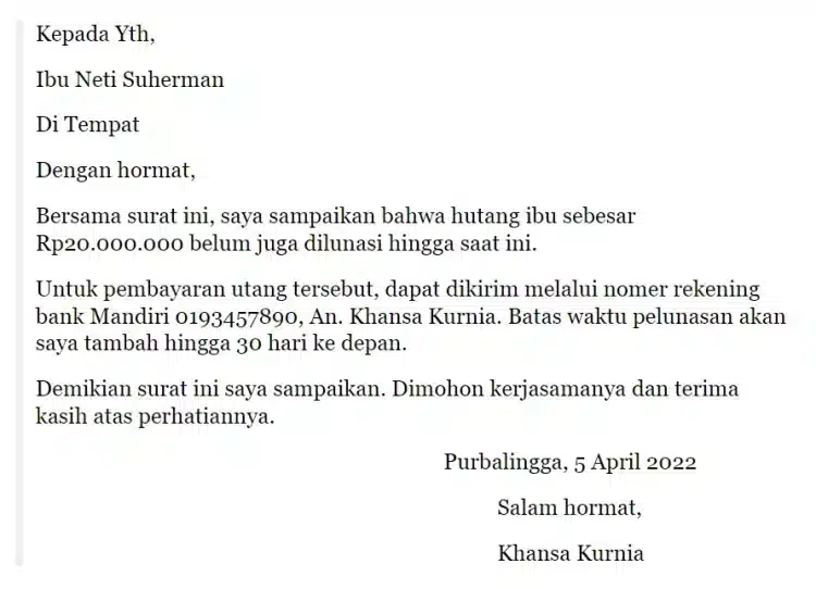 Contoh Penagihan Hutang Pribadi