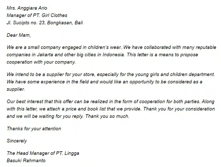 Contoh Penawaran Kerjasama Bahasa Inggris