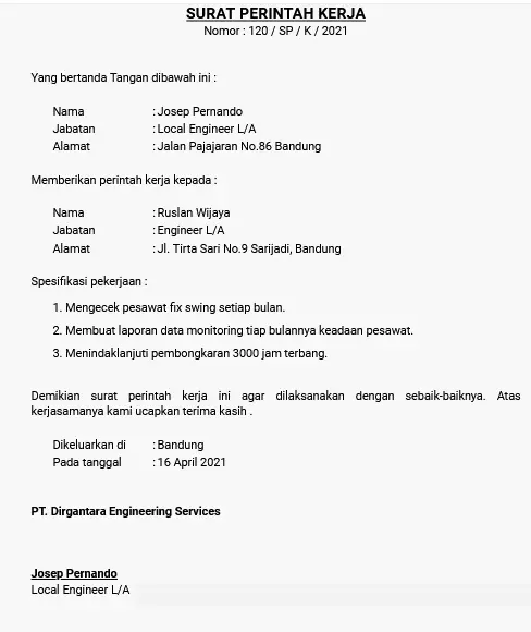 Contoh Surat Perintah Kerja untuk Engineer