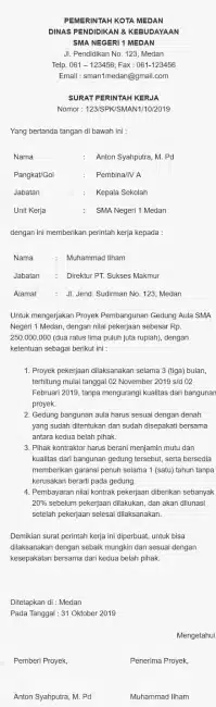 Contoh Surat Perintah Kerja Pembangunan Aula Sekolahan