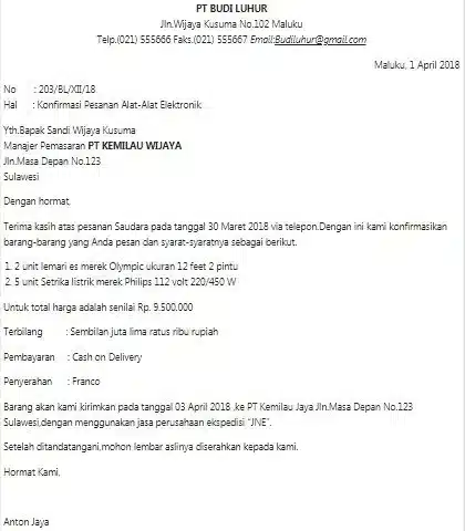 Contoh Surat Bisnis Konfirmasi Pesanan