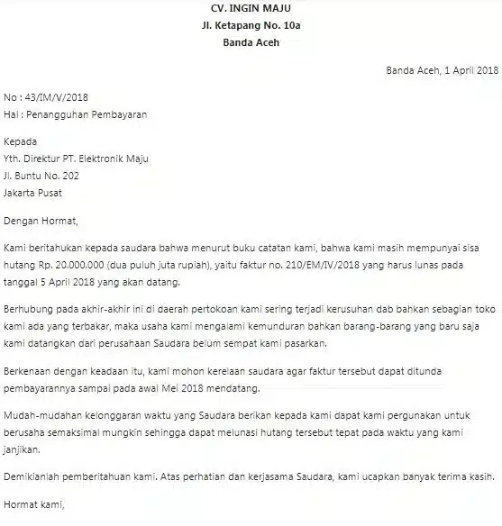 Contoh Surat Bisnis Penangguhan Pembayaran