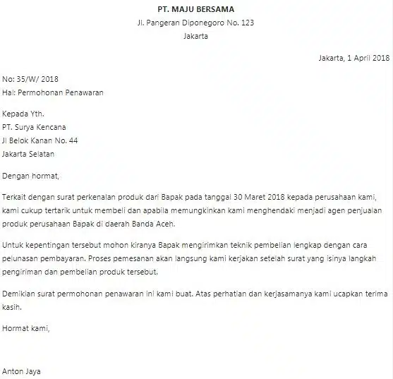 Contoh Surat Bisnis Permintaan Penawaran