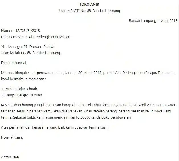 Contoh Surat Bisnis Pesanan 1