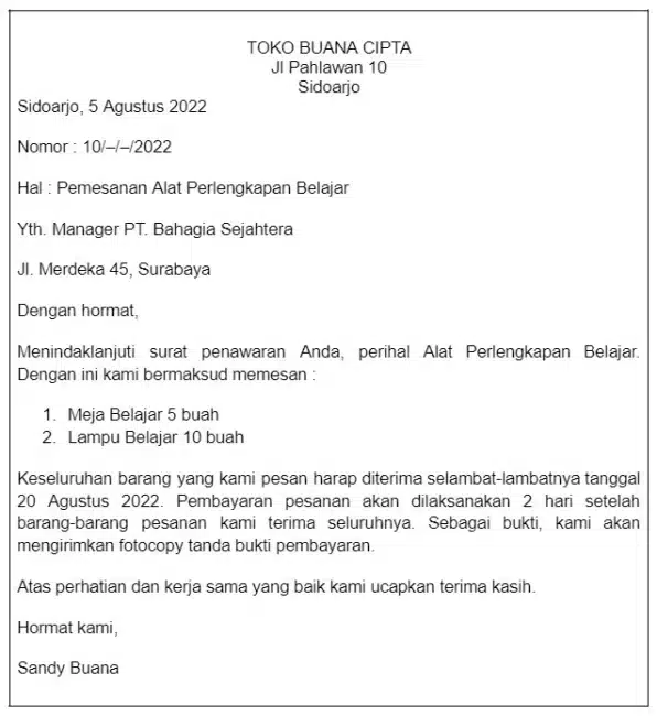 Contoh Surat Bisnis Pesanan 2