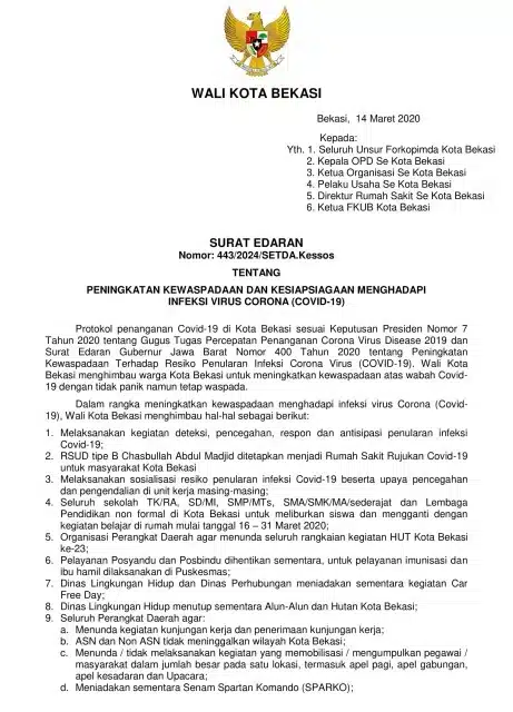 Contoh Surat Edaran Pemerintah melalui Walikota Bekasi