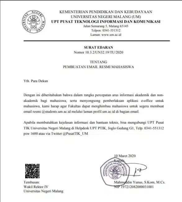 Contoh Surat Edaran Universitas Negeri Malang untuk Buat Email Resmi