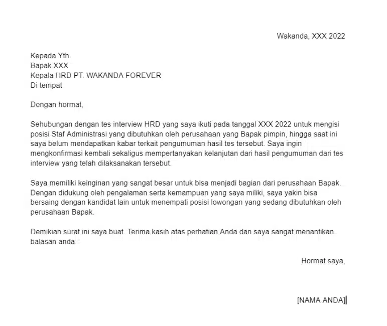 Contoh Surat Follow Up Setelah Interview