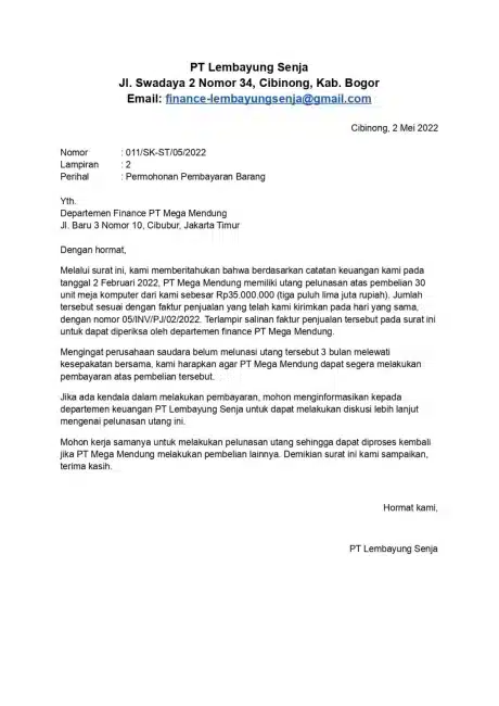 Contoh Surat Penagihan Hutang Barang Inventaris