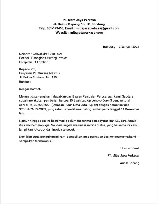 Contoh Surat Penagihan Barang Elektronik