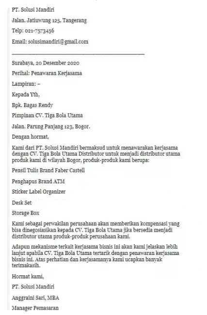 Contoh Surat Penawaran Kerjasama Distributor