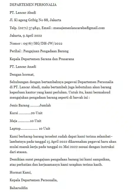 Contoh Surat Pengajuan Barang Inventaris Kantor 3