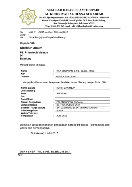 Contoh Surat Pengajuan Barang Sekolah 2
