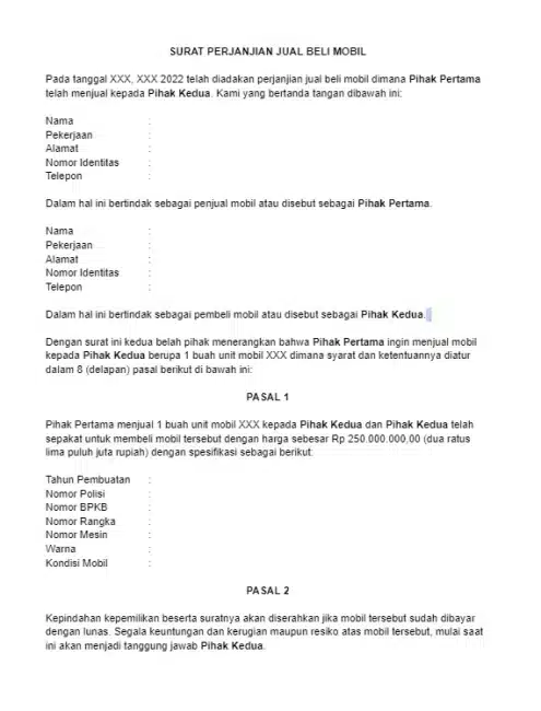 contoh surat perjanjian jual beli mobil bagian pertama