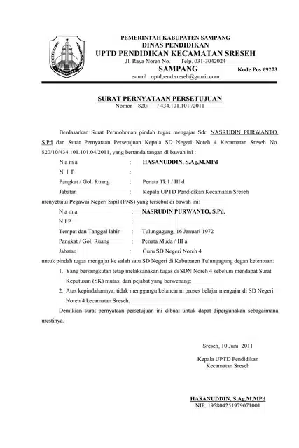 Contoh Surat Pernyataan Persetujuan Pindah Tugas