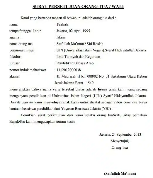 Contoh Surat Persetujuan Beasiswa