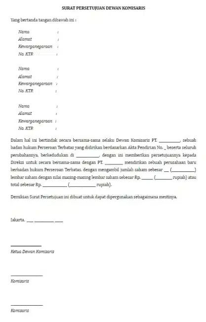 Contoh Surat Persetujuan Dewan Komisaris Mendirikan Perusahaan Baru