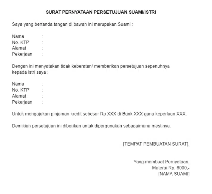 Contoh Surat Persetujuan Istri Mengajukan Pinjaman ke Bank