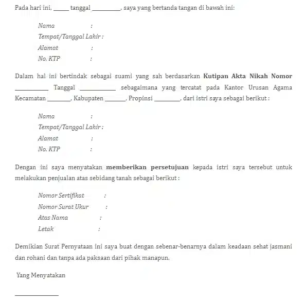 Contoh Surat Persetujuan Istri Menjual Tanah