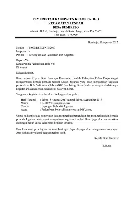 Contoh Surat Persetujuan Kegiatan