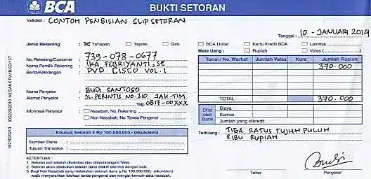 bukti transaksi setoran salah satu bank swasta di Indonesia