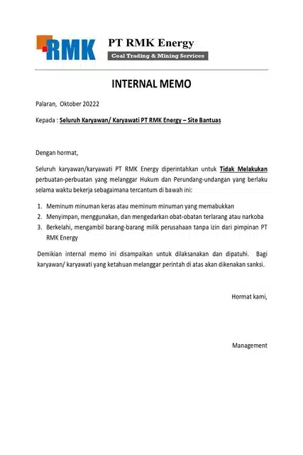 Contoh Internal Memo Pemberitahuan