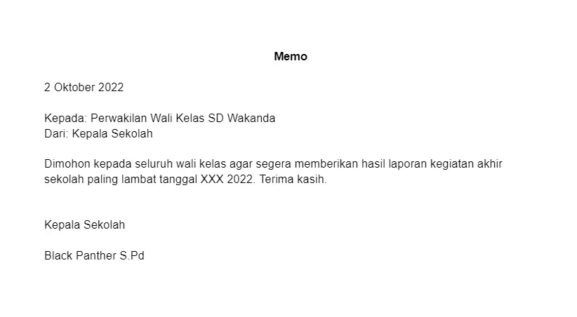 Contoh Memo Kepala Sekolah