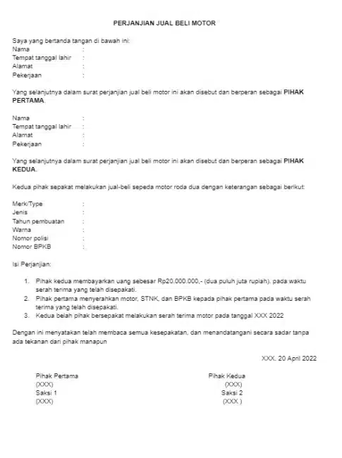 Contoh Surat Jual Beli Motor Sederhana