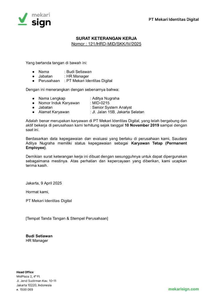 Contoh Surat Keterangan Kerja Karyawan Tetap