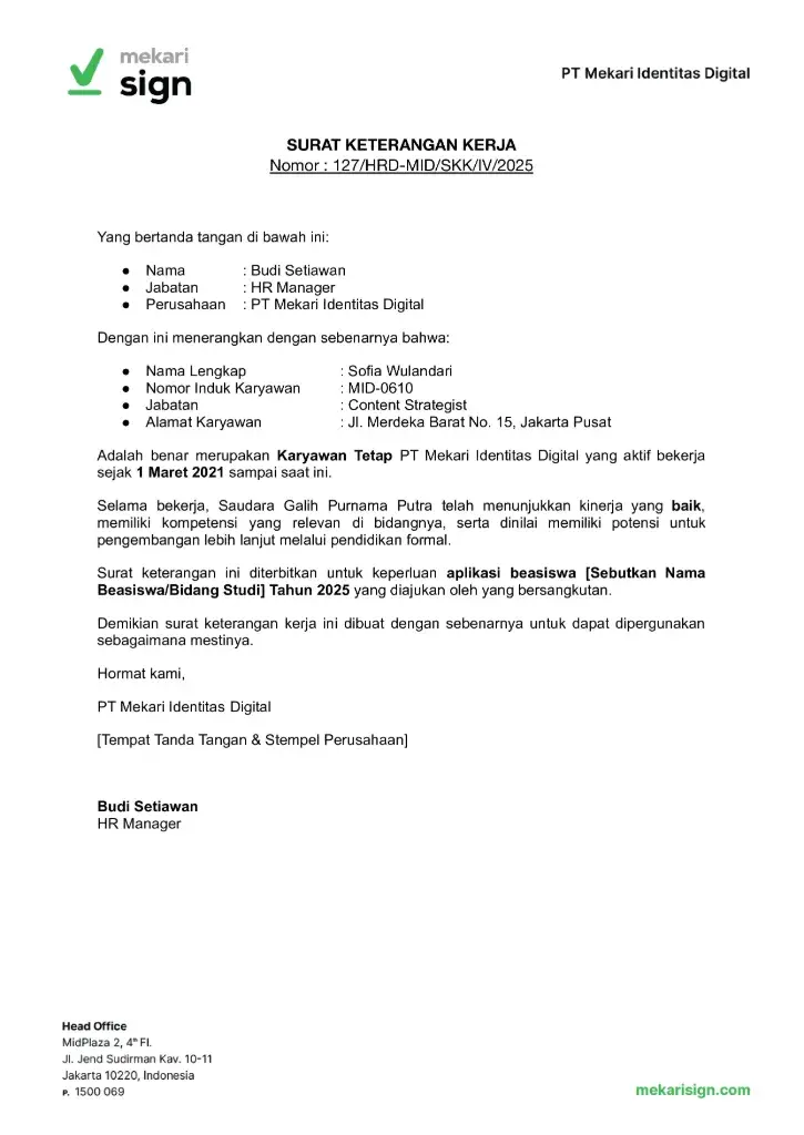 Contoh Surat Keterangan Kerja untuk Beasiswa